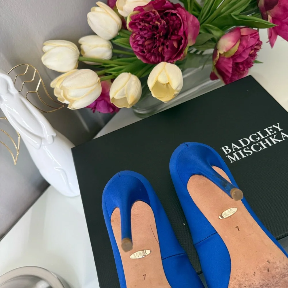 Badgley Mischka Blue Satin Heels with Sparkling Buckle - Picture 5 of 6